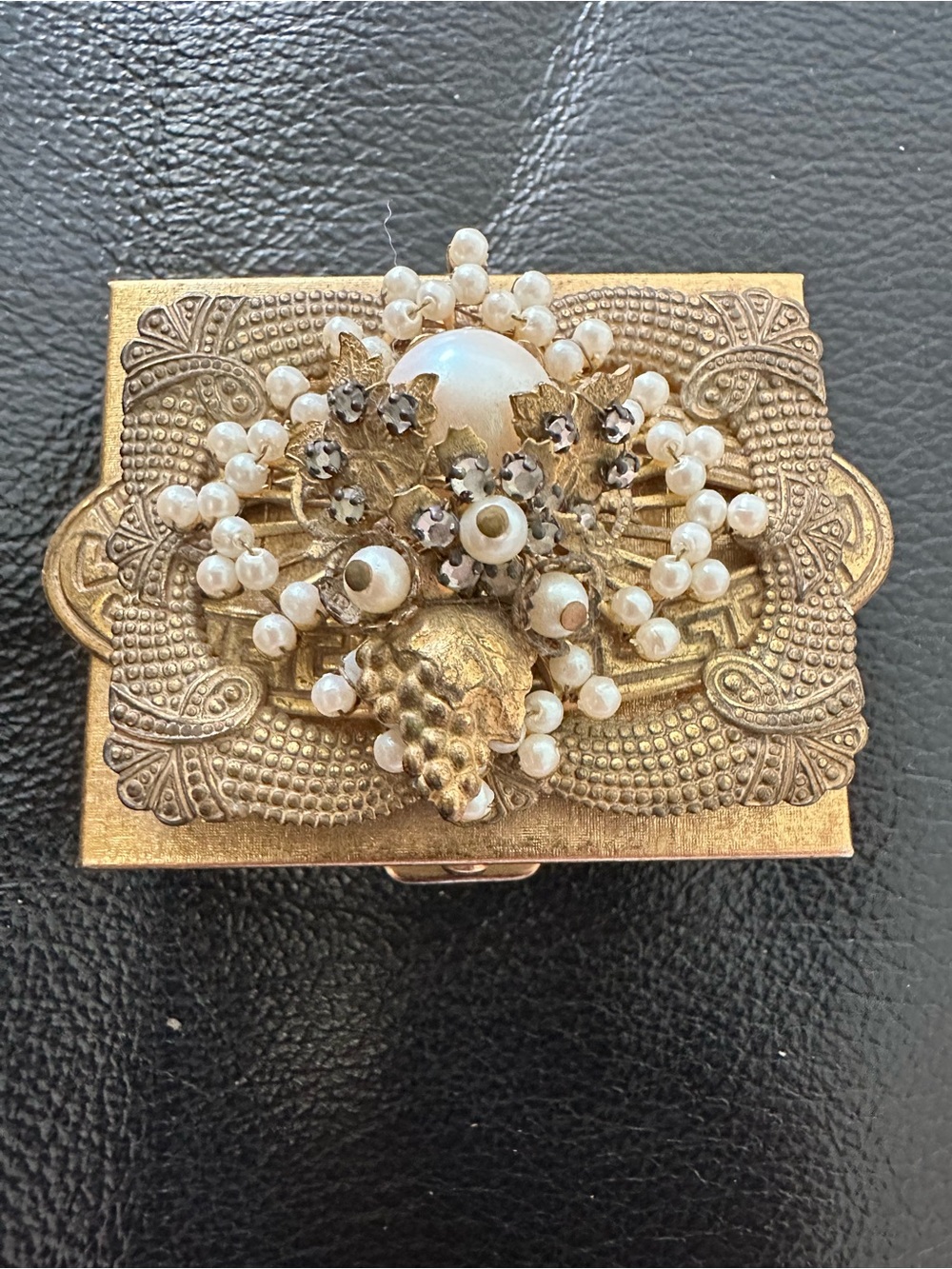 Vintage Gold-tone Jeweled Trinket Box with Faux Pearls